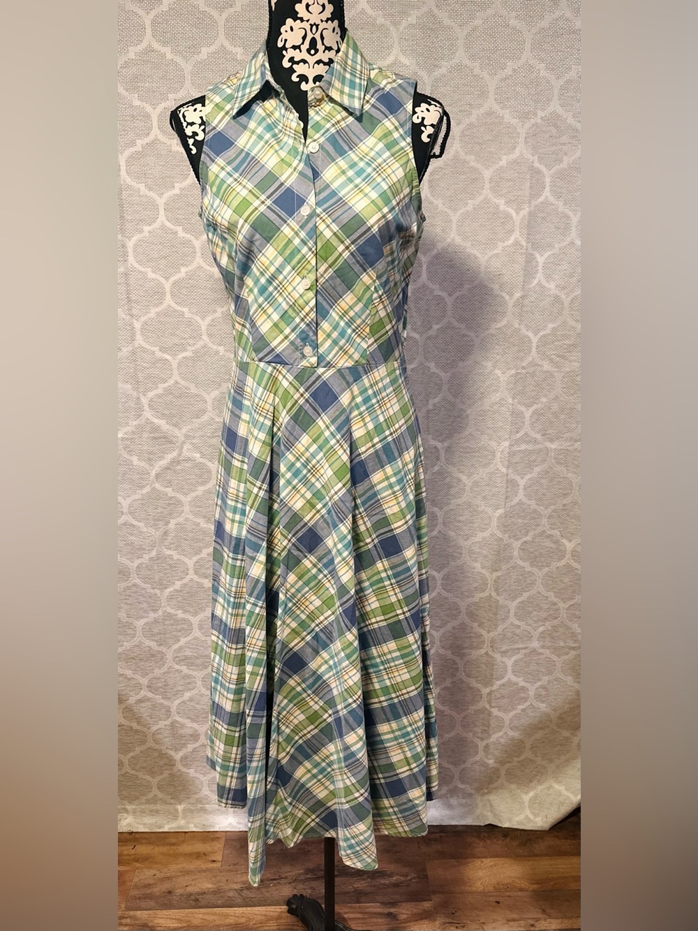 Duck Head Classic VTG 90s Green/Blue Plaid Shirtwaist Dress Cotton Lined Sz 10